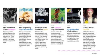 The Sound8
The invention
of the teenager
1944
The concept of the
teenager is a new one.
The mindset began to
emerge in the 1920s,
but it wasn’t until the
40s that it became a
broadly recognized life
phase.
The beginning
of youth culture
1960
A few years before the
ﬁrst Gen-Xer is born,
the teenager begins to
rapidly evolve, setting
the stage for the
emergence of another
demographic
phenomenon that was
set to change the world
forever more: youth
culture.
Boomers have  
a mid-life crisis
1975
But in the ’70s,
Boomers grew up and
adult rules kicked in. So
they got a job, worked
hard, got married, had
kids, bought homes and
replaced the Jimi
Hendrix experience
with the Huey Lewis
experience. Meaning,
they gave up on being
young.
The spread  
of youthfulness
1979
Exercise and health
consciousness go
mainstream and brands
and media become
obsessed with their
youth demographic.
Everyone is being told to
never stop growing or
learning – to Just Do It.
The
youthification
of all culture
1985
Beginning with the dawn
of MTV, the notion of
youth expands further,
moving beyond an age
category and into a
marketable way of life.
Gen-X takes
control
1989
In NYC, Manchester,
Seattle, Toronto and
eventually everywhere
else, young people start
coming together in
unique ways, making
new music, throwing
new parties and doing
new drugs. Out of this
halcyon wave comes an
entirely new approach
to being young.
The Sound
 
