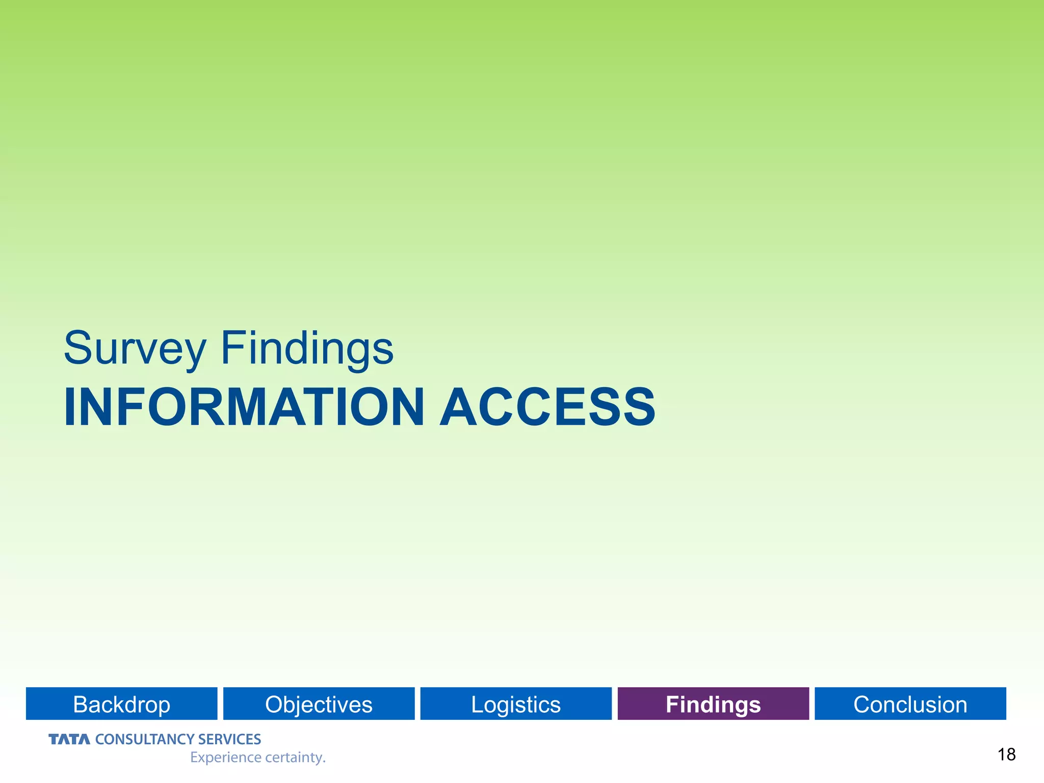 18
Backdrop Objectives Logistics Findings Conclusion
Survey Findings
INFORMATION ACCESS
 