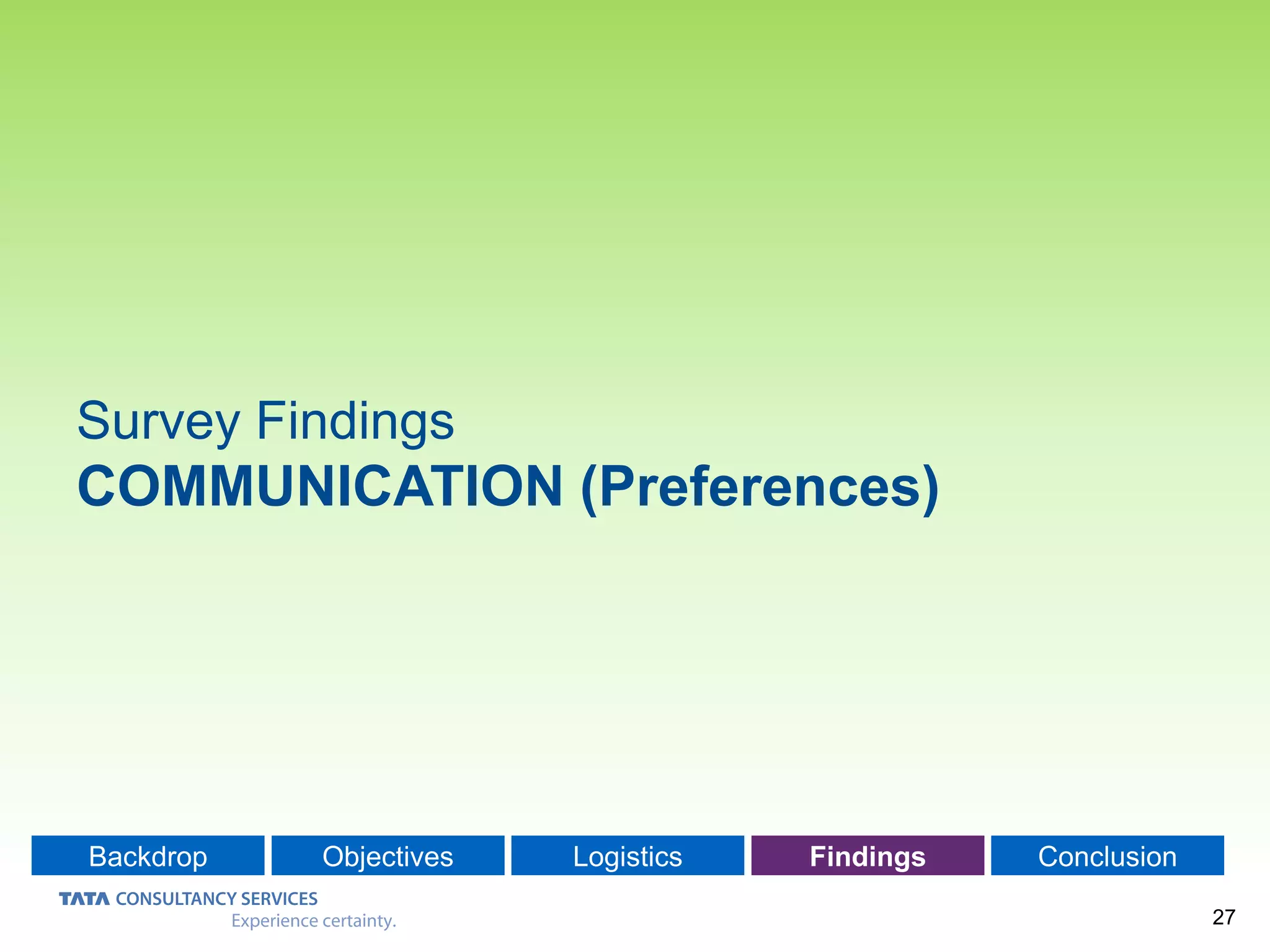27
Backdrop Objectives Logistics Findings Conclusion
Survey Findings
COMMUNICATION (Preferences)
 