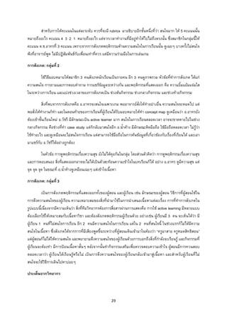 29 
 
สําหรับการใหคะแนนในแตละระดับ ควรที่จะมี rubrics มาอธิบายอีกชั้นหนึ่งที่วา สนใจมาก ให 5 คะแนนนั้น
หมายถึงอะไร คะแนน 4 3 2 1 หมายถึงอะไร แตจากเวลาทํางานที่มีอยูทําใหไปไมถึงตรงนั้น ซึ่งสมาชิกในกลุมนี้ให
คะแนน ด.ช.อาทรที่ 3 คะแนน เพราะจากการสังเกตพฤติกรรมดานความสนใจในการเรียนนั้น ดูเฉยๆ บางครั้งไมสนใจ
ฟงที่อาจารยพูด ไมมีปฏิสัมพันธกับเพื่อนเทาที่ควร แตมีความรวมมือในการเลนเกม
การสังเกต: กลุมที่ 2
ใชวิธีมอบหมายใหสมาชิก 3 คนสังเกตนักเรียนเปนรายคน อีก 3 คนดูภาพรวม หัวขอที่ทําการสังเกต ไดแก
ความสนใจ การถามและการตอบคําถาม การแชรขอมูลระหวางกัน และพฤติกรรมที่แสดงออก คือ ความยิ้มแยมแจมใส
ในระหวางการเรียน และแบงชวงเวลาของการสังเกตเปน ชวงตนกิจกรรม ชวงกลางกิจกรรม และชวงทายกิจกรรม
สิ่งที่พบจากการสังเกตคือ อ.อาทรจะสนใจเฉพาะเกม พออาจารยสั่งใหทําอยางอื่น ความสนใจจะหมดไป แต
พอสั่งใหทํางานก็ทํา และในตอนทายของการเรียนที่ผูเรียนไดรับมอบหมายใหทํา concept map ดูเหมือนวา อ.อาทรยัง
ตองเขาชั้นเรียนใหม อ.วัชรี มีลักษณะเปน active learner มาก สนใจในการเรียนตลอดเวลา อาจจะขาดหายไปในชวง
กลางกิจกรรม คือชวงที่ทํา case study แตก็กลับมาสนใจอีก อ.น้ําคาง มีลักษณะติดมือถือ ใชมือถือตลอดเวลา ไมรูวา
ใชทําอะไร และดูเหมือนจะไมสนใจการเรียน แตสามารถใชมือถือในการคนขอมูลที่เกี่ยวของกับเรื่องที่เรียนได และเอา
มาแชรกับ อ.วัชรีไดอยางถูกตอง
ในหัวขอ การดูพฤติกรรมเรื่องความสุข ยังไมไดคุยกันในกลุม โดยสวนตัวคิดวา การดูพฤติกรรมเรื่องความสุข
และการตอบสนอง สิ่งที่แสดงออกอาจจะไมไดเปนตัวสะทอนความเขาใจในบทเรียนก็ได อยาง อ.อาทร ดูมีความสุข แต
จุด จุด จุด ในขณะที่ อ.น้ําคางดูเหมือนเฉยๆ แตเขาใจเนื้อหา
การสังเกต: กลุมที่ 3
เปนการสังเกตพฤติกรรมที่แสดงออกทั้งของผูสอน และผูเรียน เชน ลักษณะของผูสอน วิธีการที่ผูสอนใชใน
การดึงความสนใจของผูเรียน ความเหมาะสมของสิ่งที่นํามาใชในการนําเสนอเนื้อหาแตละเรื่อง การที่ทําการสังเกตใน
รูปแบบนี้เนื่องจากมีความเห็นวา สิ่งที่ทีมวิทยากรตองการสื่อสารผานการแสดงคือ การใช active learning มีหลายแบบ
ตองเลือกใชใหเหมาะสมกับเนื้อหาวิชา และตองสังเกตพฤติกรรมผูเรียนดวย อยางเชน ผูเรียนมี 3 คน จะเห็นไดวา มี
ผูเรียน 1 คนที่ไมสนใจการเรียน อีก 2 คนมีความสนใจในการเรียน แตใน 2 คนที่สนใจนี้ ในชวงแรกก็ไมไดมีความ
สนใจในเนื้อหา ซึ่งสังเกตไดจากการที่มีเสียงพูดขึ้นระหวางที่ผูสอนเดินเขามาในหองวา “ครูมาสาย ครูหมดสิทธิสอน”
แตผูสอนก็ไมไดใหความสนใจ และพยายามดึงความสนใจของผูเรียนดวยการบอกถึงสิ่งที่กําลังจะเรียนรู และกิจกรรมที่
ผูเรียนจะตองทํา มีการปอนเนื้อหาสั้นๆ หลังจากนั้นทํากิจกรรมเสริมเพื่อตรวจสอบความเขาใจ ผูสอนมีการทวนสอบ
ตลอดเวลาวา ผูเรียนไดเรียนรูหรือไม เปนการดึงความสนใจของผูเรียนกลับเขามาสูเนื้อหา และสําหรับผูเรียนที่ไม
สนใจจะใชวิธีการเดินไปหาบอยๆ
ประเด็นจากวิทยากร
 