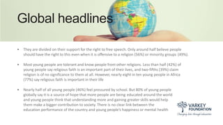 • They are divided on their support for the right to free speech. Only around half believe people
should have the right to this even when it is offensive to a religion (56%) or minority groups (49%).
• Most young people are tolerant and know people from other religions. Less than half (42%) of
young people say religious faith is an important part of their lives, and two-fifths (39%) claim
religion is of no significance to them at all. However, nearly eight in ten young people in Africa
(77%) say religious faith is important in their life
• Nearly half of all young people (46%) feel pressured by school. But 80% of young people
globally say it is a source of hope that more people are being educated around the world
and young people think that understanding more and gaining greater skills would help
them make a bigger contribution to society. There is no clear link between the
education performance of the country and young people’s happiness or mental health
Global headlines
 