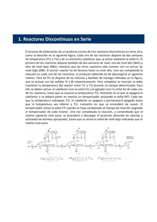 1. Reactores Discontinuos en Serie
El proceso de elaboración de un producto consta de tres reactores discontinuos en serie, tal y
como se describe en la siguiente figura. Cada uno de los reactores dispone de dos sensores
de temperatura (Ti1 y Ti2) y de un elemento calefactor que se activa mediante la señal Ci. El
primero de los reactores dispone también de dos sensores de nivel, uno de nivel alto (NA1) y
otro de nivel bajo (NB1), mientras que los otros reactores sólo cuentan con un sensor de
nivel bajo (NBi). El primer reactor ha de llenarse hasta su nivel alto. Una vez completada la
reacción en cada uno de los reactores, el producto obtenido ha de descargarse al siguiente
reactor. Para tal fin se dispone de las válvulas y bombas de trasiego indicadas en la figura,
que se activan con las señales Vi y Bi respectivamente. Para completar la reacción se debe
mantener la temperatura del reactor entre Ti1 y Ti2 durante un tiempo determinado. Para
ello se deben activar el calefactor (con la señal Ci) y el agitador (con la señal Ai) de cada uno
de los reactores, hasta que se alcance la temperatura Ti2, momento en el que se apagará el
calefactor y se deberá poner en marcha un temporizador activando la señal MTi. Cada vez
que la temperatura sobrepase Ti2, el calefactor se apagará y permanecerá apagado hasta
que la temperatura sea inferior a Ti1, momento en que se encenderá de nuevo. El
temporizador activa la señal FTi cuando se haya completado el tiempo de reacción asignado
al temporizador de cada reactor. Una vez completada la reacción, y comprobado que el
reactor siguiente está vacío, se procederá a descargar el producto abriendo las válvulas y
activando las bombas apropiadas, hasta que se active la señal de nivel bajo indicando que el
reactor está vacío.
 