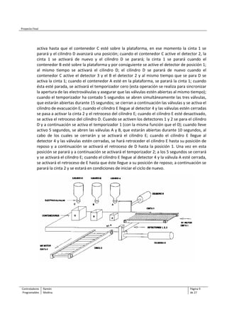 Proyecto Final
Controladores Ramón Página 9
Programables Medina de 27
activa hasta que el contenedor C esté sobre la plataforma, en ese momento la cinta 1 se
parará y el cilindro D avanzará una posición; cuando el contenedor C active el detector 2, la
cinta 1 se activará de nuevo y el cilindro D se parará; la cinta 1 se parará cuando el
contenedor B esté sobre la plataforma y por consiguiente se active el detector de posición 1;
al mismo tiempo se activará el cilindro D; el cilindro D se parará de nuevo cuando el
contenedor C active el detector 3 y el B el detector 2 y al mismo tiempo que se para D se
activa la cinta 1; cuando el contenedor A esté en la plataforma, se parará la cinta 1; cuando
ésta esté parada, se activará el temporizador cero (esta operación se realiza para sincronizar
la apertura de las electroválvulas y asegurar que las válvulas estén abiertas al mismo tiempo);
cuando el temporizador ha contado 5 segundos se abren simultáneamente las tres válvulas,
que estarán abiertas durante 15 segundos; se cierran a continuación las válvulas y se activa el
cilindro de evacuación E; cuando el cilindro E llegue al detector 4 y las válvulas estén cerradas
se pasa a activar la cinta 2 y el retroceso del cilindro E; cuando el cilindro E esté desactivado,
se activa el retroceso del cilindro D. Cuando se activen los detectores 1 y 2 se para el cilindro
D y a continuación se activa el temporizador 1 (con la misma función que el 0); cuando lleve
activo 5 segundos, se abren las válvulas A y B, que estarán abiertas durante 10 segundos, al
cabo de los cuales se cerrarán y se activará el cilindro E; cuando el cilindro E llegue al
detector 4 y las válvulas estén cerradas, se hará retroceder el cilindro E hasta su posición de
reposo y a continuación se activará el retroceso de D hasta la posición 1. Una vez en esta
posición se parará y a continuación se activará el temporizador 2; a los 5 segundos se cerrará
y se activará el cilindro E; cuando el cilindro E llegue al detector 4 y la válvula A esté cerrada,
se activará el retroceso de E hasta que éste llegue a su posición de reposo; a continuación se
parará la cinta 2 y se estará en condiciones de iniciar el ciclo de nuevo.
 