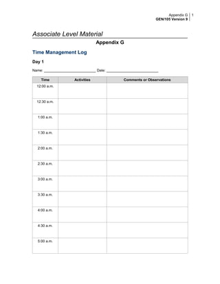 Appendix G    1
                                                               GEN/105 Version 9



Associate Level Material
                                  Appendix G
Time Management Log
Day 1
Name: __________________________ Date: __________________________

    Time             Activities                Comments or Observations
  12:00 a.m.



  12:30 a.m.



  1:00 a.m.



  1:30 a.m.



  2:00 a.m.



  2:30 a.m.



  3:00 a.m.



  3:30 a.m.



  4:00 a.m.



  4:30 a.m.



  5:00 a.m.
 