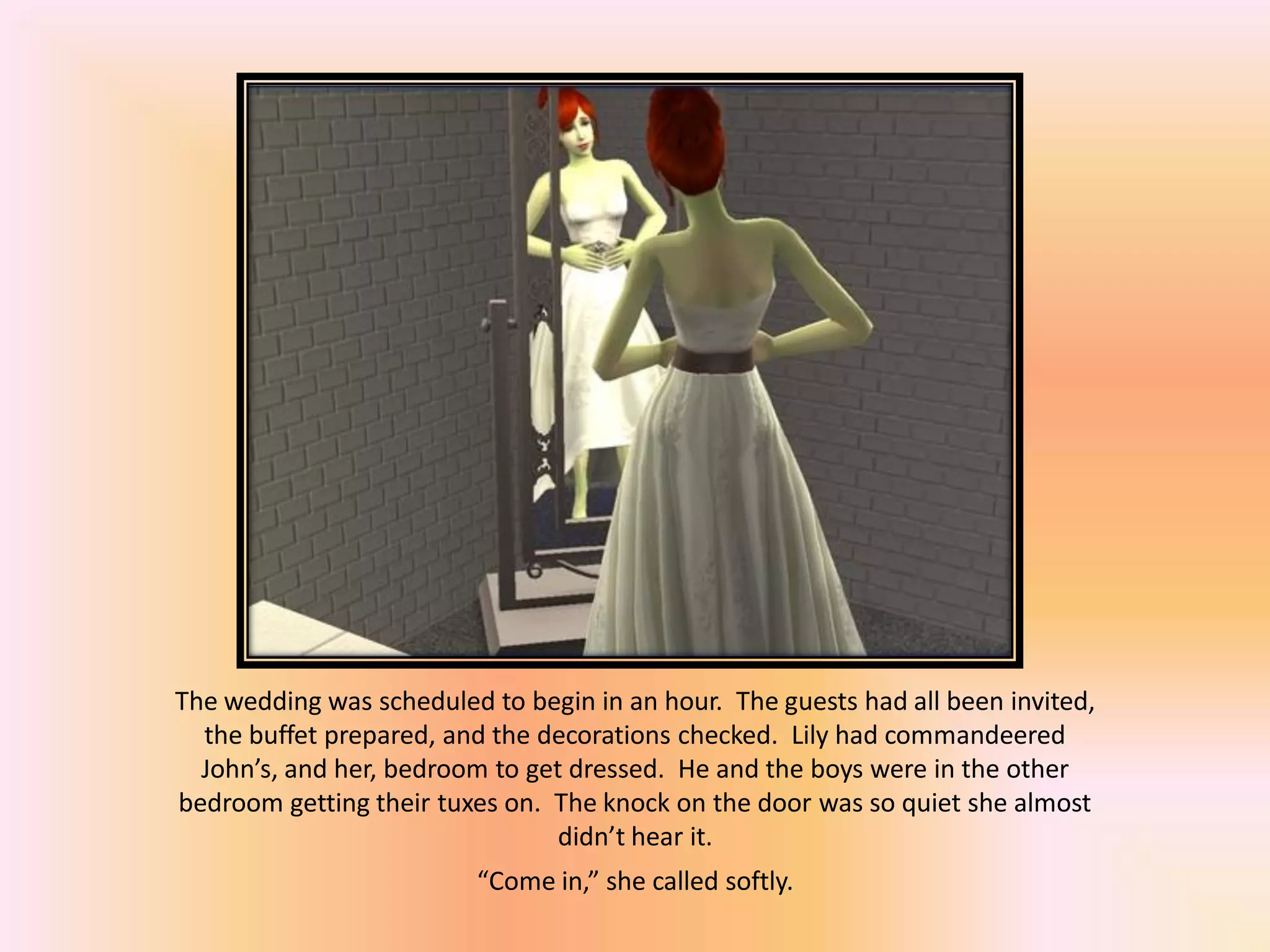 The wedding was scheduled to begin in an hour. The guests had all been invited,
the buffet prepared, and the decorations checked. Lily had commandeered
John’s, and her, bedroom to get dressed. He and the boys were in the other
bedroom getting their tuxes on. The knock on the door was so quiet she almost
didn’t hear it.
“Come in,” she called softly.
 