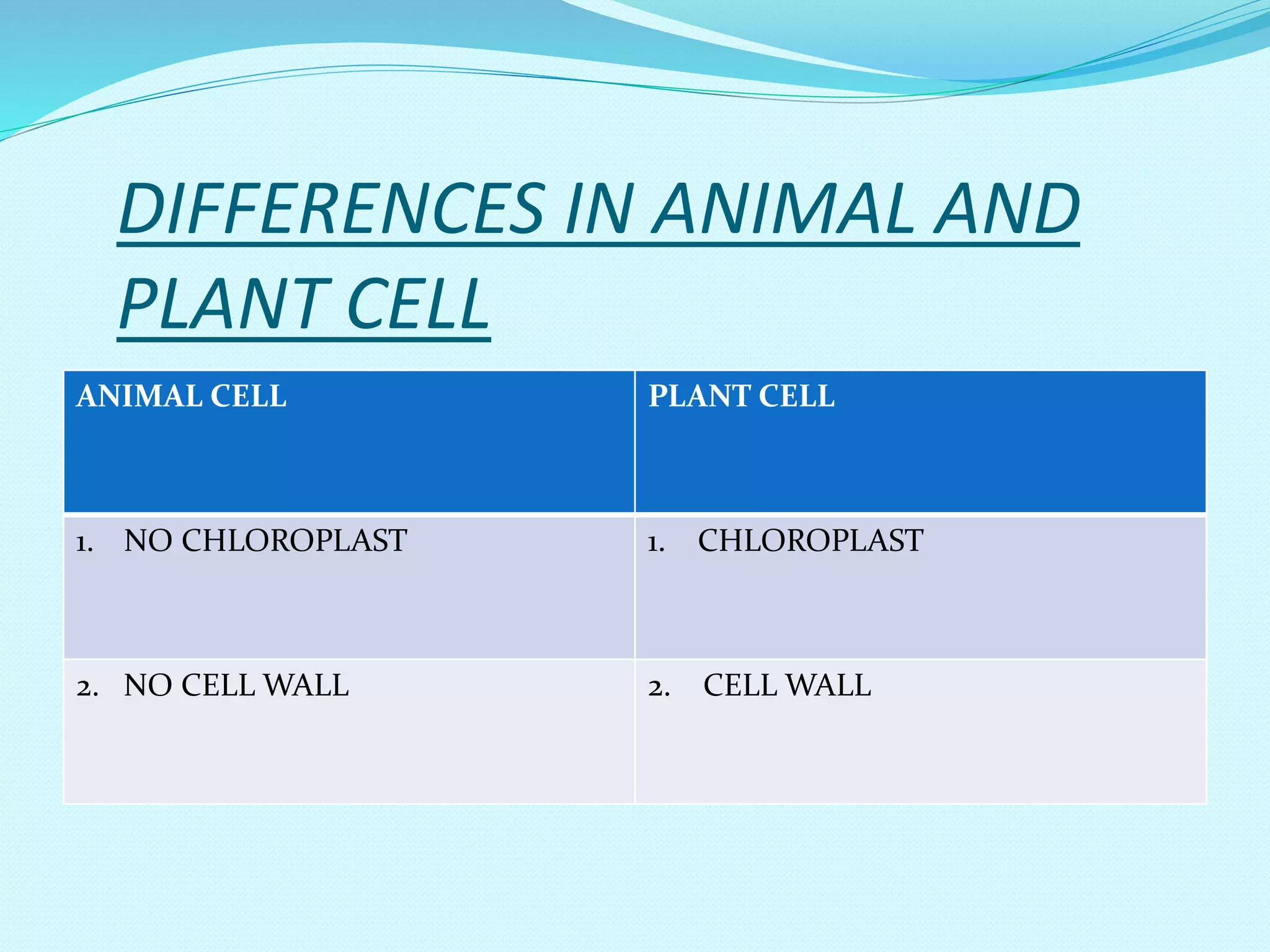 DIFFERENCES IN ANIMAL AND
PLANT CELL
ANIMAL CELL PLANT CELL
1. NO CHLOROPLAST 1. CHLOROPLAST
2. NO CELL WALL 2. CELL WALL