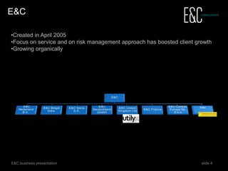 4 www.eecc.eu
Gas &
electricity
Focused on price, not on
consumption reduction
Consulting, not supplying,
trading or brokering
CLIENT
SUPPLIER
CONSULTANT
What do we do?
ENERGY PROCUREMENT CONSULTANCY
 