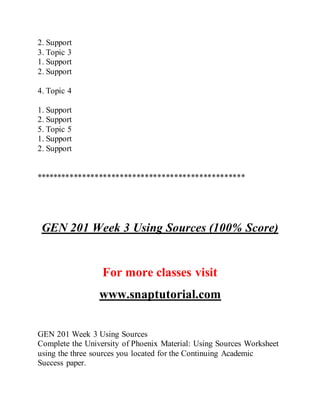 2. Support
3. Topic 3
1. Support
2. Support
4. Topic 4
1. Support
2. Support
5. Topic 5
1. Support
2. Support
**************************************************
GEN 201 Week 3 Using Sources (100% Score)
For more classes visit
www.snaptutorial.com
GEN 201 Week 3 Using Sources
Complete the University of Phoenix Material: Using Sources Worksheet
using the three sources you located for the Continuing Academic
Success paper.
 