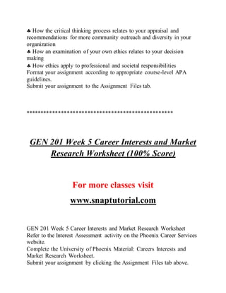  How the critical thinking process relates to your appraisal and
recommendations for more community outreach and diversity in your
organization
 How an examination of your own ethics relates to your decision
making
 How ethics apply to professional and societal responsibilities
Format your assignment according to appropriate course-level APA
guidelines.
Submit your assignment to the Assignment Files tab.
**************************************************
GEN 201 Week 5 Career Interests and Market
Research Worksheet (100% Score)
For more classes visit
www.snaptutorial.com
GEN 201 Week 5 Career Interests and Market Research Worksheet
Refer to the Interest Assessment activity on the Phoenix Career Services
website.
Complete the University of Phoenix Material: Careers Interests and
Market Research Worksheet.
Submit your assignment by clicking the Assignment Files tab above.
 