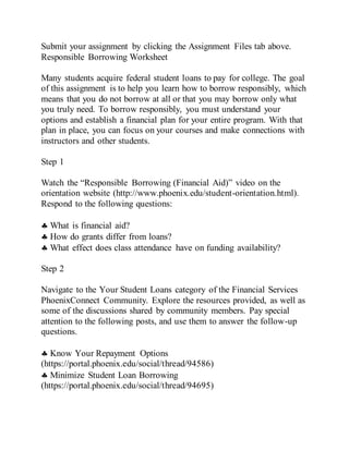 Submit your assignment by clicking the Assignment Files tab above.
Responsible Borrowing Worksheet
Many students acquire federal student loans to pay for college. The goal
of this assignment is to help you learn how to borrow responsibly, which
means that you do not borrow at all or that you may borrow only what
you truly need. To borrow responsibly, you must understand your
options and establish a financial plan for your entire program. With that
plan in place, you can focus on your courses and make connections with
instructors and other students.
Step 1
Watch the “Responsible Borrowing (Financial Aid)” video on the
orientation website (http://www.phoenix.edu/student-orientation.html).
Respond to the following questions:
 What is financial aid?
 How do grants differ from loans?
 What effect does class attendance have on funding availability?
Step 2
Navigate to the Your Student Loans category of the Financial Services
PhoenixConnect Community. Explore the resources provided, as well as
some of the discussions shared by community members. Pay special
attention to the following posts, and use them to answer the follow-up
questions.
 Know Your Repayment Options
(https://portal.phoenix.edu/social/thread/94586)
 Minimize Student Loan Borrowing
(https://portal.phoenix.edu/social/thread/94695)
 