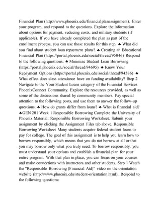 Financial Plan (http://www.phoenix.edu/financialplanassignment). Enter
your program, and respond to the questions. Explore the information
about options for payment, reducing costs, and military students (if
applicable). If you have already completed the plan as part of the
enrollment process, you can use those results for this step.  What did
you find about student loan repayment plans?  Creating an Educational
Financial Plan (https://portal.phoenix.edu/social/thread/95046) Respond
to the following questions:  Minimize Student Loan Borrowing
(https://portal.phoenix.edu/social/thread/94695)  Know Your
Repayment Options (https://portal.phoenix.edu/social/thread/94586) 
What effect does class attendance have on funding availability? Step 2
Navigate to the Your Student Loans category of the Financial Services
PhoenixConnect Community. Explore the resources provided, as well as
some of the discussions shared by community members. Pay special
attention to the following posts, and use them to answer the follow-up
questions.  How do grants differ from loans?  What is financial aid?
GEN 201 Week 1 Responsible Borrowing Complete the University of
Phoenix Material: Responsible Borrowing Worksheet. Submit your
assignment by clicking the Assignment Files tab above. Responsible
Borrowing Worksheet Many students acquire federal student loans to
pay for college. The goal of this assignment is to help you learn how to
borrow responsibly, which means that you do not borrow at all or that
you may borrow only what you truly need. To borrow responsibly, you
must understand your options and establish a financial plan for your
entire program. With that plan in place, you can focus on your courses
and make connections with instructors and other students. Step 1 Watch
the “Responsible Borrowing (Financial Aid)” video on the orientation
website (http://www.phoenix.edu/student-orientation.html). Respond to
the following questions:
 