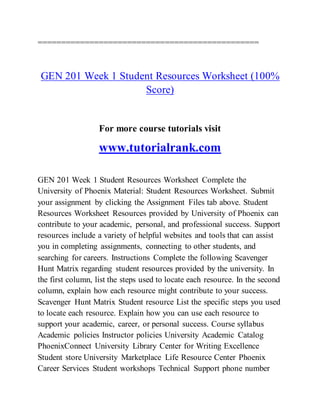 ===============================================
GEN 201 Week 1 Student Resources Worksheet (100%
Score)
For more course tutorials visit
www.tutorialrank.com
GEN 201 Week 1 Student Resources Worksheet Complete the
University of Phoenix Material: Student Resources Worksheet. Submit
your assignment by clicking the Assignment Files tab above. Student
Resources Worksheet Resources provided by University of Phoenix can
contribute to your academic, personal, and professional success. Support
resources include a variety of helpful websites and tools that can assist
you in completing assignments, connecting to other students, and
searching for careers. Instructions Complete the following Scavenger
Hunt Matrix regarding student resources provided by the university. In
the first column, list the steps used to locate each resource. In the second
column, explain how each resource might contribute to your success.
Scavenger Hunt Matrix Student resource List the specific steps you used
to locate each resource. Explain how you can use each resource to
support your academic, career, or personal success. Course syllabus
Academic policies Instructor policies University Academic Catalog
PhoenixConnect University Library Center for Writing Excellence
Student store University Marketplace Life Resource Center Phoenix
Career Services Student workshops Technical Support phone number
 
