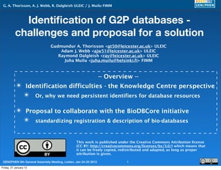 G. A. Thorisson, A. J. Webb, R. Dalgleish ULEIC / J. Muilu FIMM



             Identiﬁcation of G2P databases -
           challenges and proposal for a solution
                               Gudmundur A. Thorisson <gt50@leicester.ac.uk> ULEIC
                                   Adam J. Webb <ajw51@leicester.ac.uk> ULEIC
                                  Raymond Dalgleish <ray@leicester.ac.uk> ULEIC
                                    Juha Muilu <juha.muilu@helsinki.fi> FIMM



                                                                 -- Overview --
           ✴ Identification difficulties - the Knowledge Centre perspective
            ✴ Or, why we need persistent identifiers for database resources

           ✴ Proposal to collaborate with the BioDBCore initiative
            ✴ standardizing registration & description of bio-databases

                                                This work is published under the Creative Commons Attribution license
                                                (CC BY: http://creativecommons.org/licenses/by/3.0/) which means that
                                                it can be freely copied, redistributed and adapted, as long as proper
                                                attribution is given.

 GEN2PHEN 8th General Assembly Meeting, Leiden, Jan 24-25 2012             1
Friday, 27 January 12
 