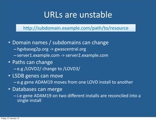 URLs	
  are	
  unstable
                        hIp://subdomain.example.com/path/to/resource

        • Domain	
  names	
  /	
  subdomains	
  can	
  change
              – hgvbaseg2p.org	
  -­‐>	
  gwascentral.org
              – server1.example.com	
  -­‐>	
  server2.example.com
        • Paths	
  can	
  change
              – e.g	
  /LOVD2/	
  change	
  to	
  /LOVD3/
        • LSDB	
  genes	
  can	
  move	
  
              – e.g	
  gene	
  ADAM19	
  moves	
  from	
  one	
  LOVD	
  install	
  to	
  another
        • Databases	
  can	
  merge
              – i.e	
  gene	
  ADAM19	
  on	
  two	
  diﬀerent	
  installs	
  are	
  reconciled	
  into	
  a	
  
                single	
  install


Friday, 27 January 12
 