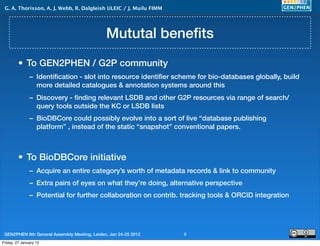 G. A. Thorisson, A. J. Webb, R. Dalgleish ULEIC / J. Muilu FIMM




                                              Mututal beneﬁts
         • To GEN2PHEN / G2P community
               – Identiﬁcation - slot into resource identiﬁer scheme for bio-databases globally, build
                 more detailed catalogues & annotation systems around this
               – Discovery - ﬁnding relevant LSDB and other G2P resources via range of search/
                 query tools outside the KC or LSDB lists
               – BioDBCore could possibly evolve into a sort of live “database publishing
                 platform” , instead of the static “snapshot” conventional papers.



         • To BioDBCore initiative
               – Acquire an entire category’s worth of metadata records & link to community
               – Extra pairs of eyes on what they’re doing, alternative perspective
               – Potential for further collaboration on contrib. tracking tools & ORCID integration




 GEN2PHEN 8th General Assembly Meeting, Leiden, Jan 24-25 2012     9
Friday, 27 January 12
 