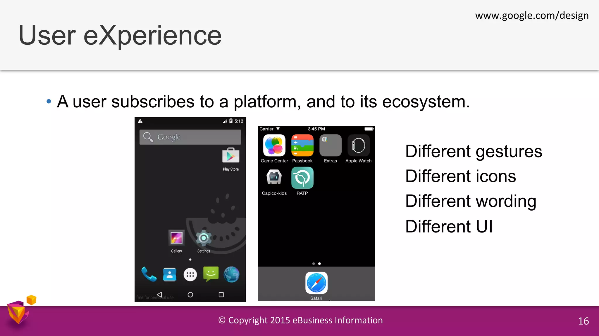 ©	
  Copyright	
  2015	
  eBusiness	
  Informa9on	
   16	
  
User eXperience
•  A user subscribes to a platform, and to its ecosystem.
Different gestures
Different icons
Different wording
Different UI
www.google.com/design	
  
 