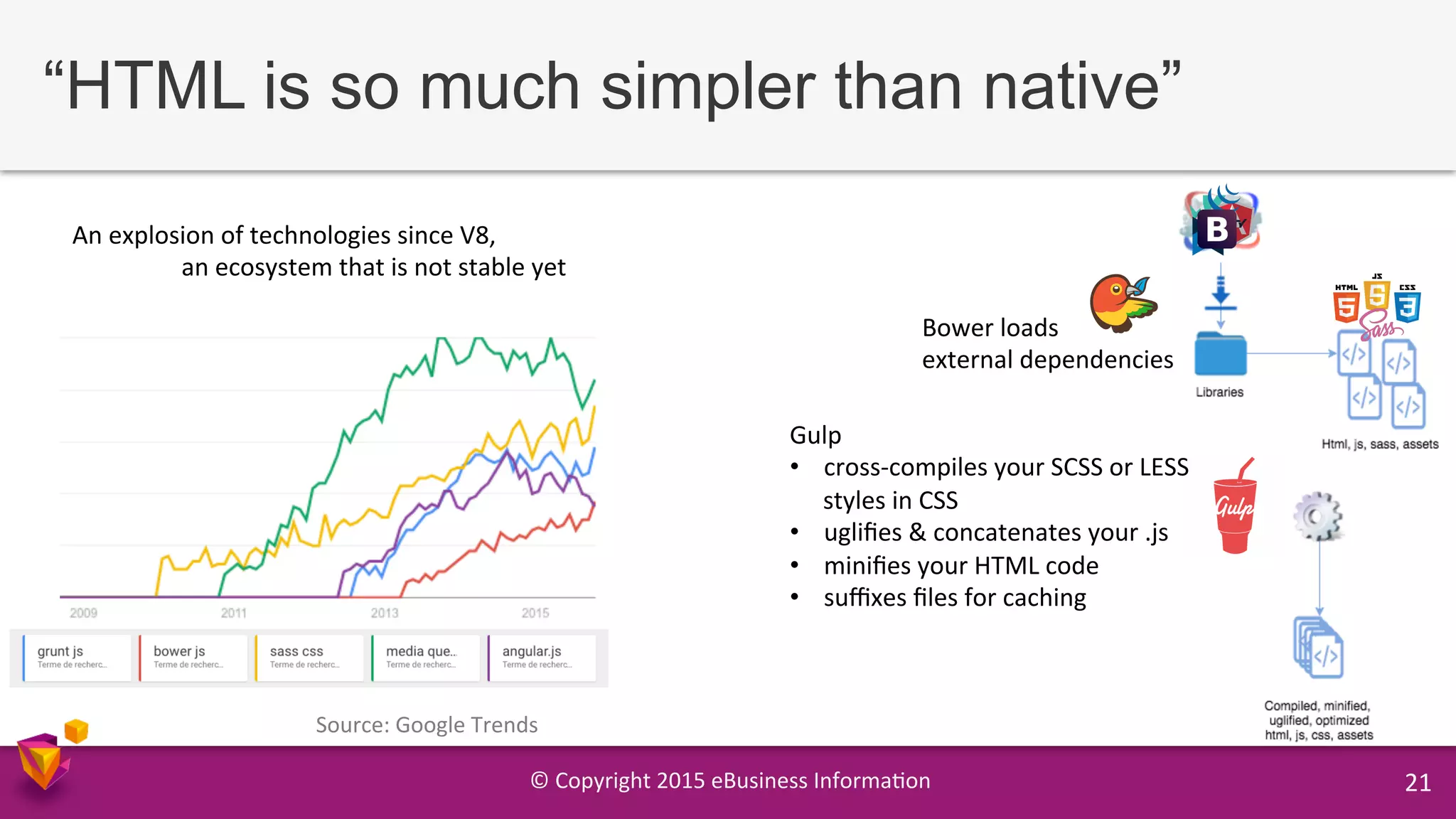 ©	
  Copyright	
  2015	
  eBusiness	
  Informa9on	
   21	
  
“HTML is so much simpler than native”
Bower	
  loads	
  	
  
external	
  dependencies	
  
Gulp	
  	
  
•  cross-­‐compiles	
  your	
  SCSS	
  or	
  LESS	
  
styles	
  in	
  CSS	
  
•  ugliﬁes	
  &	
  concatenates	
  your	
  .js	
  
•  miniﬁes	
  your	
  HTML	
  code	
  
•  suﬃxes	
  ﬁles	
  for	
  caching	
  
An	
  explosion	
  of	
  technologies	
  since	
  V8,	
  	
  
	
  an	
  ecosystem	
  that	
  is	
  not	
  stable	
  yet	
  
Source:	
  Google	
  Trends	
  
 