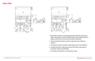 10 |  Dealership Refresh  | Honda  | 14 July 2011
Floor Plan
•	 Basic floor remains unchanged except the Info Center has
been relocated to center of showroom and made smaller to
allow customers to sit amid the vehicle selection
•	 Site of old Info Center has been replaced with a feature
vehicle
•	 Customer Center has been made larger and more defined
•	 Carpet has been made optional and the floor plan layout
has been made more flexible
•	 Less space required for consultation areas
 
