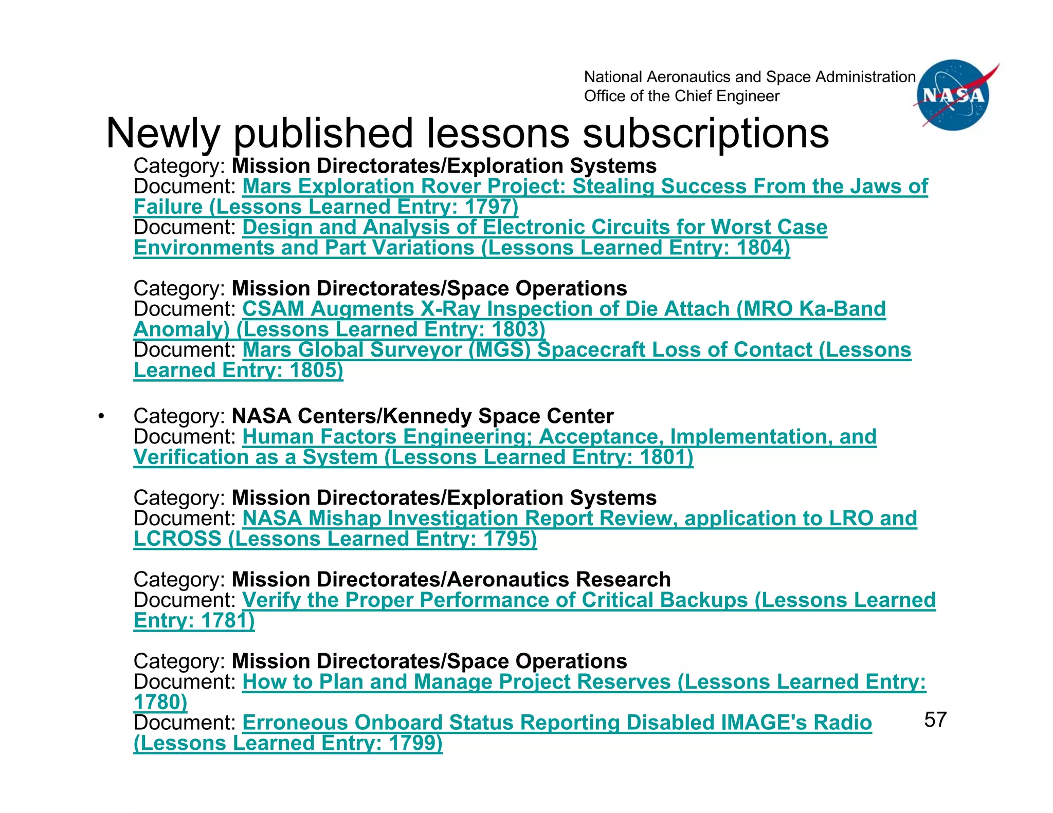 National Aeronautics and Space Administration
                                               Office of the Chief Engineer

    Newly published lessons subscriptions
     Category: Mission Directorates/Exploration Systems
     Document: Mars Exploration Rover Project: Stealing Success From the Jaws of
     Failure (Lessons Learned Entry: 1797)
     Document: Design and Analysis of Electronic Circuits for Worst Case
     Environments and Part Variations (Lessons Learned Entry: 1804)
     Category: Mission Directorates/Space Operations
     Document: CSAM Augments X-Ray Inspection of Die Attach (MRO Ka-Band
     Anomaly) (Lessons Learned Entry: 1803)
     Document: Mars Global Surveyor (MGS) Spacecraft Loss of Contact (Lessons
     Learned Entry: 1805)

•    Category: NASA Centers/Kennedy Space Center
     Document: Human Factors Engineering; Acceptance, Implementation, and
     Verification as a System (Lessons Learned Entry: 1801)
     Category: Mission Directorates/Exploration Systems
     Document: NASA Mishap Investigation Report Review, application to LRO and
     LCROSS (Lessons Learned Entry: 1795)
     Category: Mission Directorates/Aeronautics Research
     Document: Verify the Proper Performance of Critical Backups (Lessons Learned
     Entry: 1781)
     Category: Mission Directorates/Space Operations
     Document: How to Plan and Manage Project Reserves (Lessons Learned Entry:
     1780)
     Document: Erroneous Onboard Status Reporting Disabled IMAGE's Radio      57
     (Lessons Learned Entry: 1799)
 
