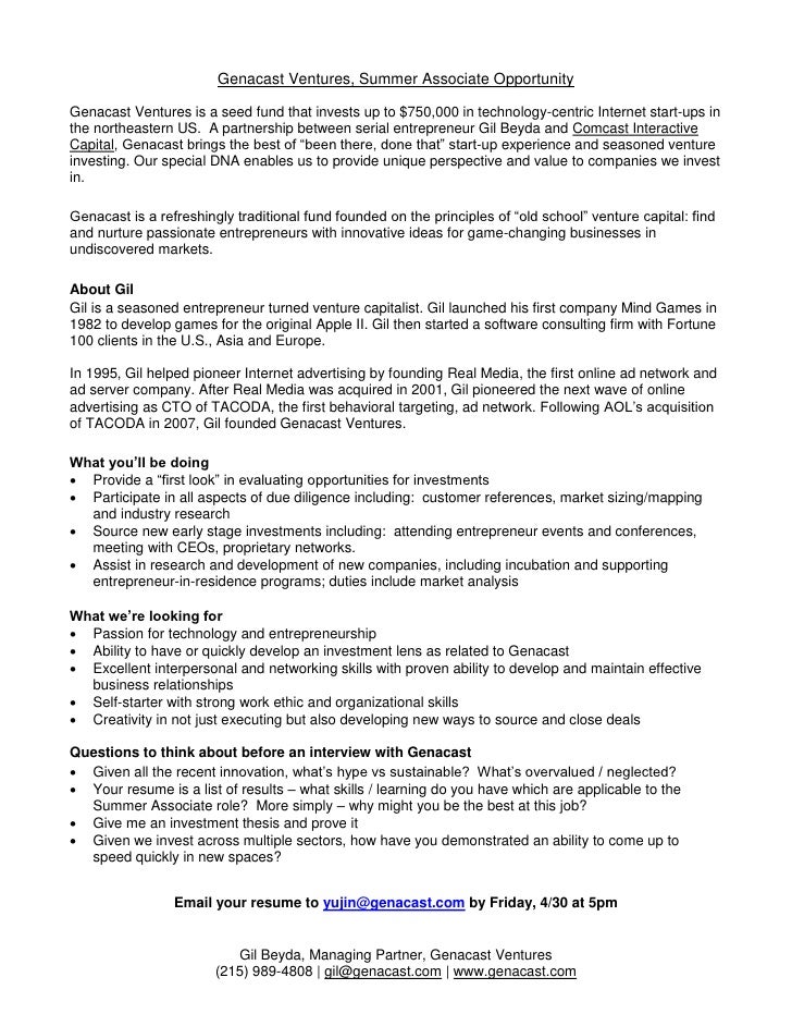 Genacast Ventures Summer Internship genacast ventures summer internship