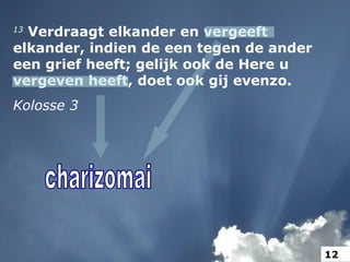 13
Verdraagt elkander en vergeeft
elkander, indien de een tegen de ander
een grief heeft; gelijk ook de Here u
vergeven heeft, doet ook gij evenzo.
Kolosse 3
12
 