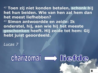42
Toen zij niet konden betalen, schonk hij
het hun beiden. Wie van hen zal hem dan
het meest liefhebben?
43
Simon antwoordde en zeide: Ik
onderstel, hij, aan wie hij het meeste
geschonken heeft. Hij zeide tot hem: Gij
hebt juist geoordeeld.
Lucas 7
8
 