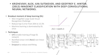 • KRIZHEVSKY, ALEX, ILYA SUTSKEVER, AND GEOFFREY E. HINTON.
(2012) IMAGENET CLASSIFICATION WITH DEEP CONVOLUTIONAL
NEURAL NETWORKS.
• Breakout moment of deep learning (DL)
• Won ImageNet Large-Scale Visual
Recognition Challenge
• Reduce top-5 error from 26% to 15.3%
• Machine learning is dominated by DL
since
• Techniques
• GPU enable training of large DL
network
• Rectified Linear Unit (ReLU) non-linear
function
• Dropout to reduce overfitting
2023 Generative AI: Past, Present, and Future – A Practitioner's Perspective 14
 