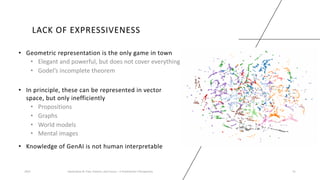 LACK OF EXPRESSIVENESS
• Geometric representation is the only game in town
• Elegant and powerful, but does not cover everything
• Godel’s incomplete theorem
2023 Generative AI: Past, Present, and Future – A Practitioner's Perspective 31
• In principle, these can be represented in vector
space, but only inefficiently
• Propositions
• Graphs
• World models
• Mental images
• Knowledge of GenAI is not human interpretable
 