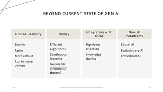 BEYOND CURRENT STATE OF GEN AI
GEN AI Usability
Smaller
Faster
More robust
Run in more
devices
Theory
Efficient
algorithms
Continuous
learning
Geometric
information
theory?
Integration with
GOAI
Top-down
attention
Knowledge
sharing
New AI
Paradigms
Causal AI
Evolutionary AI
Embedded AI
2023 Generative AI: Past, Present, and Future – A Practitioner's Perspective 45
 