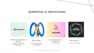 GENERATIVE AI APPLICATIONS
Fastest Growing App in
History
Re ac h e d 1 0 0 m illion
m ont hly ac t ive use r s in
t wo m ont hs
Open Models
L ar g e L ang uag e Mode ls
wit h a g r owin g
e c osyst e m
Fast Growing Text to
Image App
1 5 m illion use r s
Open Models
T e x t t o Im ag e Mode ls
2023 Generative AI: Past, Present, and Future – A Practitioner's Perspective 5
 
