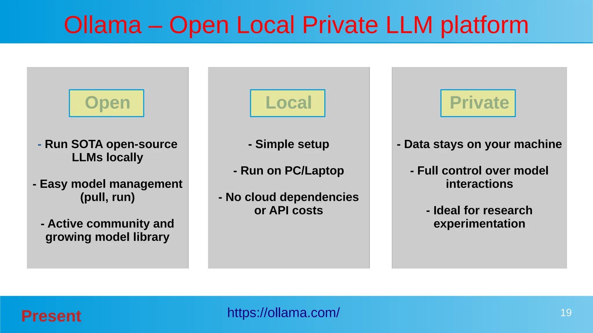 Present 19
Ollama – Open Local Private LLM platform
https://ollama.com/
Open
- Run SOTA open-source
LLMs locally
- Easy model management
(pull, run)
- Active community and
growing model library
Local
- Simple setup
- Run on PC/Laptop
- No cloud dependencies
or API costs
Private
- Data stays on your machine
- Full control over model
interactions
- Ideal for research
experimentation
 