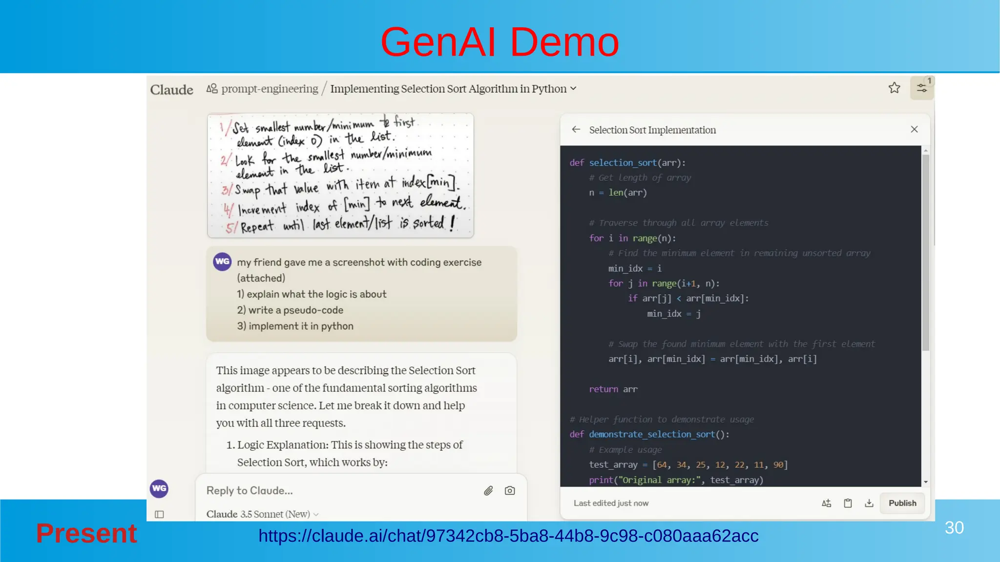 Present 30
GenAI Demo
https://claude.ai/chat/97342cb8-5ba8-44b8-9c98-c080aaa62acc
 