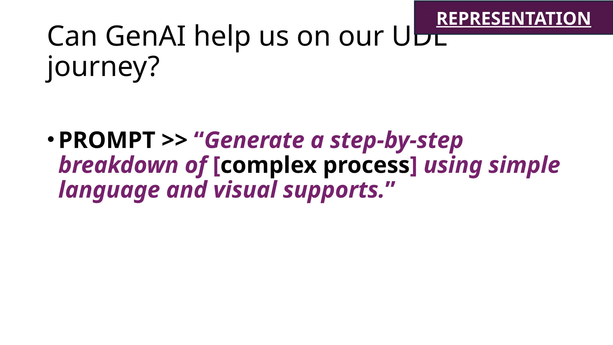 Can GenAI help us on our UDL
journey?
•PROMPT >> “Generate a step-by-step
breakdown of [complex process] using simple
language and visual supports.”
REPRESENTATION
 
