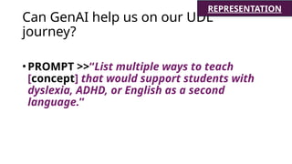 Can GenAI help us on our UDL
journey?
•PROMPT >>“List multiple ways to teach
[concept] that would support students with
dyslexia, ADHD, or English as a second
language.”
REPRESENTATION
 