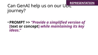 Can GenAI help us on our UDL
journey?
•PROMPT >> “Provide a simplified version of
[text or concept] while maintaining its key
ideas.”
REPRESENTATION
 