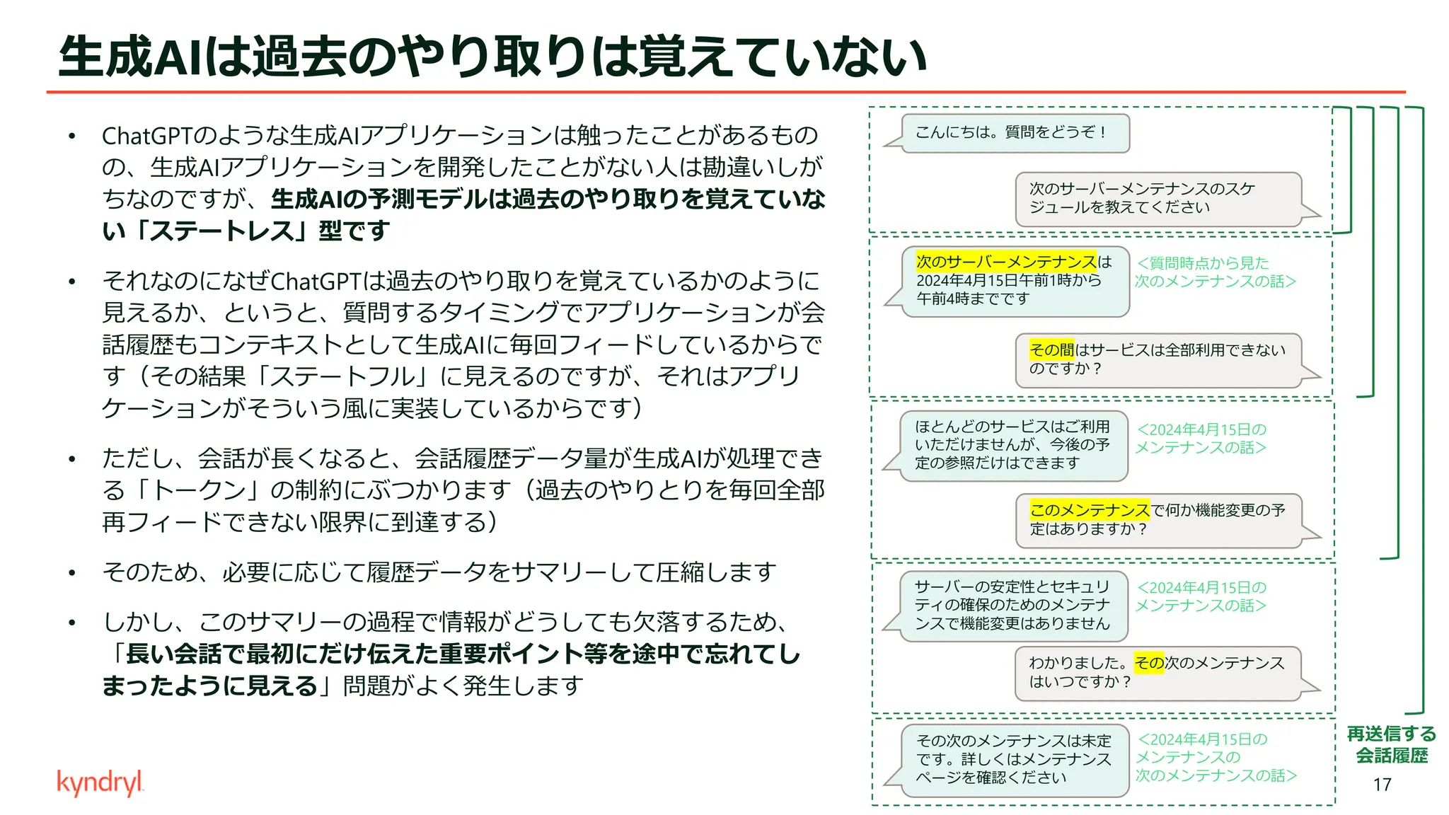 生成AIは過去のやり取りは覚えていない
17
• ChatGPTのような生成AIアプリケーションは触ったことがあるもの
の、生成AIアプリケーションを開発したことがない人は勘違いしが
ちなのですが、生成AIの予測モデルは過去のやり取りを覚えていな
い「ステートレス」型です
• それなのになぜChatGPTは過去のやり取りを覚えているかのように
見えるか、というと、質問するタイミングでアプリケーションが会
話履歴もコンテキストとして生成AIに毎回フィードしているからで
す（その結果「ステートフル」に見えるのですが、それはアプリ
ケーションがそういう風に実装しているからです）
• ただし、会話が長くなると、会話履歴データ量が生成AIが処理でき
る「トークン」の制約にぶつかります（過去のやりとりを毎回全部
再フィードできない限界に到達する）
• そのため、必要に応じて履歴データをサマリーして圧縮します
• しかし、このサマリーの過程で情報がどうしても欠落するため、
「長い会話で最初にだけ伝えた重要ポイント等を途中で忘れてし
まったように見える」問題がよく発生します
こんにちは。質問をどうぞ！
次のサーバーメンテナンスのスケ
ジュールを教えてください
次のサーバーメンテナンスは
2024年4月15日午前1時から
午前4時までです
その間はサービスは全部利用できない
のですか？
ほとんどのサービスはご利用
いただけませんが、今後の予
定の参照だけはできます
このメンテナンスで何か機能変更の予
定はありますか？
サーバーの安定性とセキュリ
ティの確保のためのメンテナ
ンスで機能変更はありません
わかりました。その次のメンテナンス
はいつですか？
その次のメンテナンスは未定
です。詳しくはメンテナンス
ページを確認ください
再送信する
会話履歴
＜2024年4月15日の
メンテナンスの話＞
＜2024年4月15日の
メンテナンスの話＞
＜2024年4月15日の
メンテナンスの
次のメンテナンスの話＞
＜質問時点から見た
次のメンテナンスの話＞
 