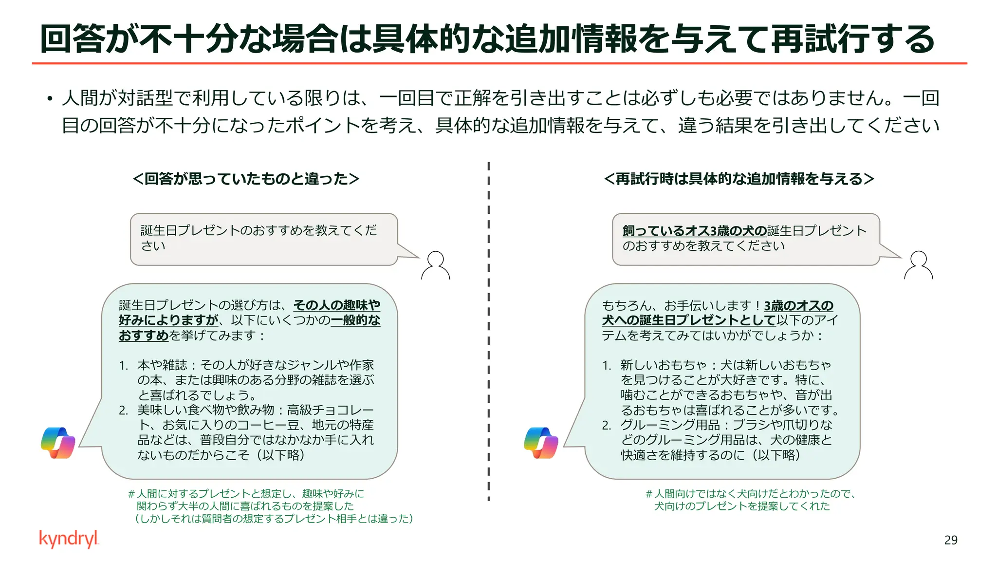回答が不十分な場合は具体的な追加情報を与えて再試行する
29
• 人間が対話型で利用している限りは、一回目で正解を引き出すことは必ずしも必要ではありません。一回
目の回答が不十分になったポイントを考え、具体的な追加情報を与えて、違う結果を引き出してください
誕生日プレゼントのおすすめを教えてくだ
さい
誕生日プレゼントの選び方は、その人の趣味や
好みによりますが、以下にいくつかの一般的な
おすすめを挙げてみます：
1. 本や雑誌：その人が好きなジャンルや作家
の本、または興味のある分野の雑誌を選ぶ
と喜ばれるでしょう。
2. 美味しい食べ物や飲み物：高級チョコレー
ト、お気に入りのコーヒー豆、地元の特産
品などは、普段自分ではなかなか手に入れ
ないものだからこそ（以下略）
飼っているオス3歳の犬の誕生日プレゼント
のおすすめを教えてください
もちろん、お手伝いします！3歳のオスの
犬への誕生日プレゼントとして以下のアイ
テムを考えてみてはいかがでしょうか：
1. 新しいおもちゃ：犬は新しいおもちゃ
を見つけることが大好きです。特に、
噛むことができるおもちゃや、音が出
るおもちゃは喜ばれることが多いです。
2. グルーミング用品：ブラシや爪切りな
どのグルーミング用品は、犬の健康と
快適さを維持するのに（以下略）
＜回答が思っていたものと違った＞ ＜再試行時は具体的な追加情報を与える＞
＃人間向けではなく犬向けだとわかったので、
犬向けのプレゼントを提案してくれた
＃人間に対するプレゼントと想定し、趣味や好みに
関わらず大半の人間に喜ばれるものを提案した
（しかしそれは質問者の想定するプレゼント相手とは違った）
 