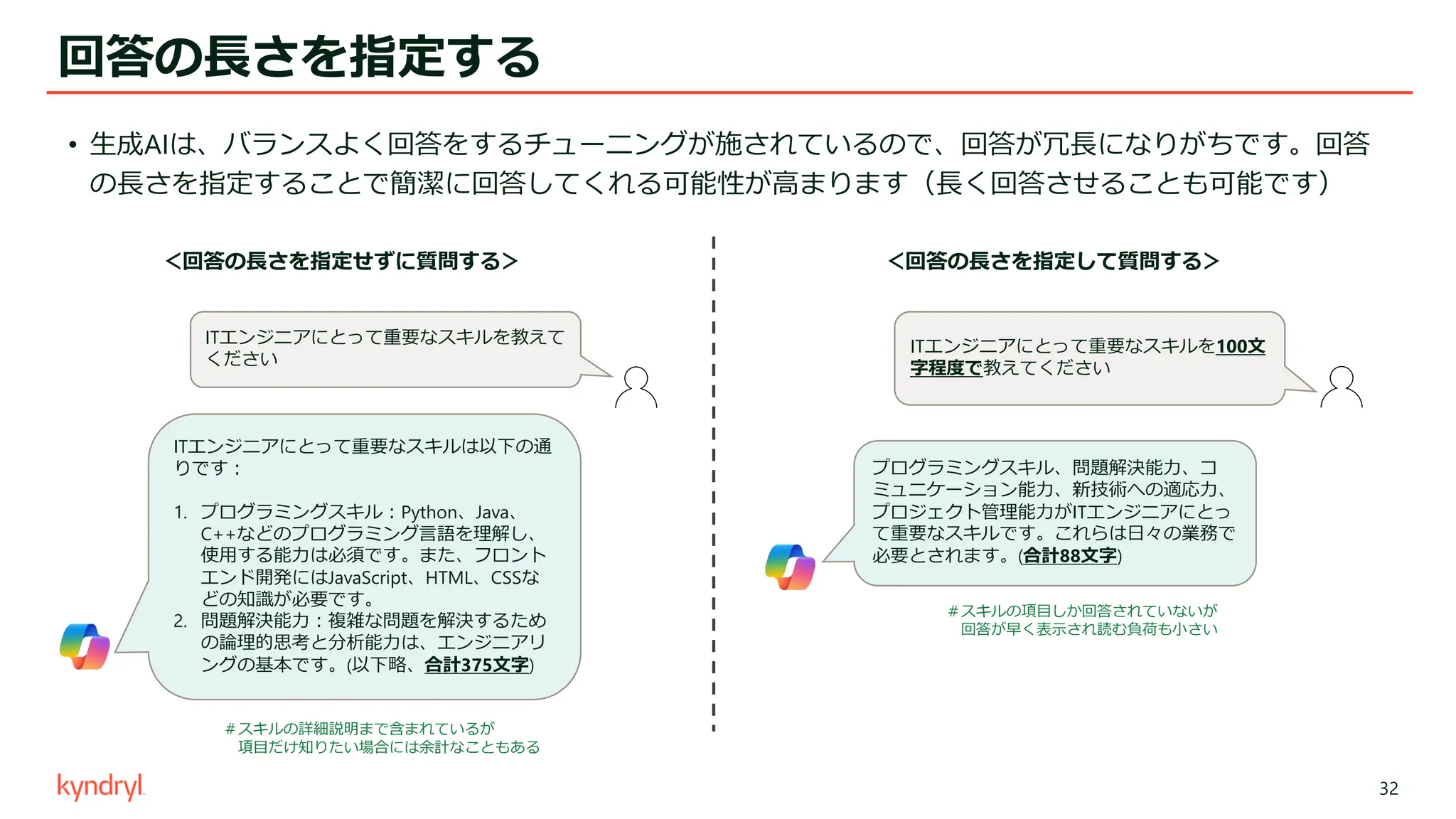 回答の長さを指定する
32
• 生成AIは、バランスよく回答をするチューニングが施されているので、回答が冗長になりがちです。回答
の長さを指定することで簡潔に回答してくれる可能性が高まります（長く回答させることも可能です）
ITエンジニアにとって重要なスキルを教えて
ください
ITエンジニアにとって重要なスキルは以下の通
りです：
1. プログラミングスキル：Python、Java、
C++などのプログラミング言語を理解し、
使用する能力は必須です。また、フロント
エンド開発にはJavaScript、HTML、CSSな
どの知識が必要です。
2. 問題解決能力：複雑な問題を解決するため
の論理的思考と分析能力は、エンジニアリ
ングの基本です。(以下略、合計375文字)
ITエンジニアにとって重要なスキルを100文
字程度で教えてください
プログラミングスキル、問題解決能力、コ
ミュニケーション能力、新技術への適応力、
プロジェクト管理能力がITエンジニアにとっ
て重要なスキルです。これらは日々の業務で
必要とされます。(合計88文字)
＜回答の長さを指定せずに質問する＞ ＜回答の長さを指定して質問する＞
＃スキルの詳細説明まで含まれているが
項目だけ知りたい場合には余計なこともある
＃スキルの項目しか回答されていないが
回答が早く表示され読む負荷も小さい
 