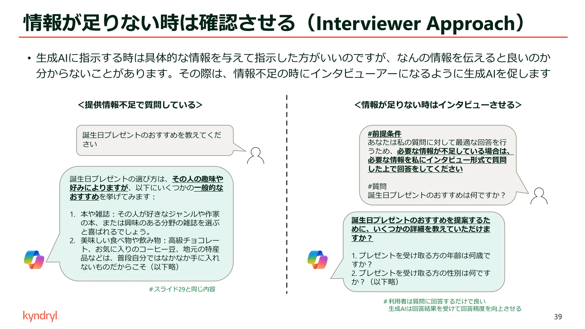 情報が足りない時は確認させる（Interviewer Approach）
39
• 生成AIに指示する時は具体的な情報を与えて指示した方がいいのですが、なんの情報を伝えると良いのか
分からないことがあります。その際は、情報不足の時にインタビューアーになるように生成AIを促します
誕生日プレゼントのおすすめを教えてくだ
さい
誕生日プレゼントの選び方は、その人の趣味や
好みによりますが、以下にいくつかの一般的な
おすすめを挙げてみます：
1. 本や雑誌：その人が好きなジャンルや作家
の本、または興味のある分野の雑誌を選ぶ
と喜ばれるでしょう。
2. 美味しい食べ物や飲み物：高級チョコレー
ト、お気に入りのコーヒー豆、地元の特産
品などは、普段自分ではなかなか手に入れ
ないものだからこそ（以下略）
#前提条件
あなたは私の質問に対して最適な回答を行
うため、必要な情報が不足している場合は、
必要な情報を私にインタビュー形式で質問
した上で回答をしてください
#質問
誕生日プレゼントのおすすめは何ですか？
誕生日プレゼントのおすすめを提案するた
めに、いくつかの詳細を教えていただけま
すか？
1. プレゼントを受け取る方の年齢は何歳で
すか？
2. プレゼントを受け取る方の性別は何です
か？（以下略）
＜提供情報不足で質問している＞ ＜情報が足りない時はインタビューさせる＞
＃利用者は質問に回答するだけで良い
生成AIは回答結果を受けて回答精度を向上させる
＃スライド29と同じ内容
 