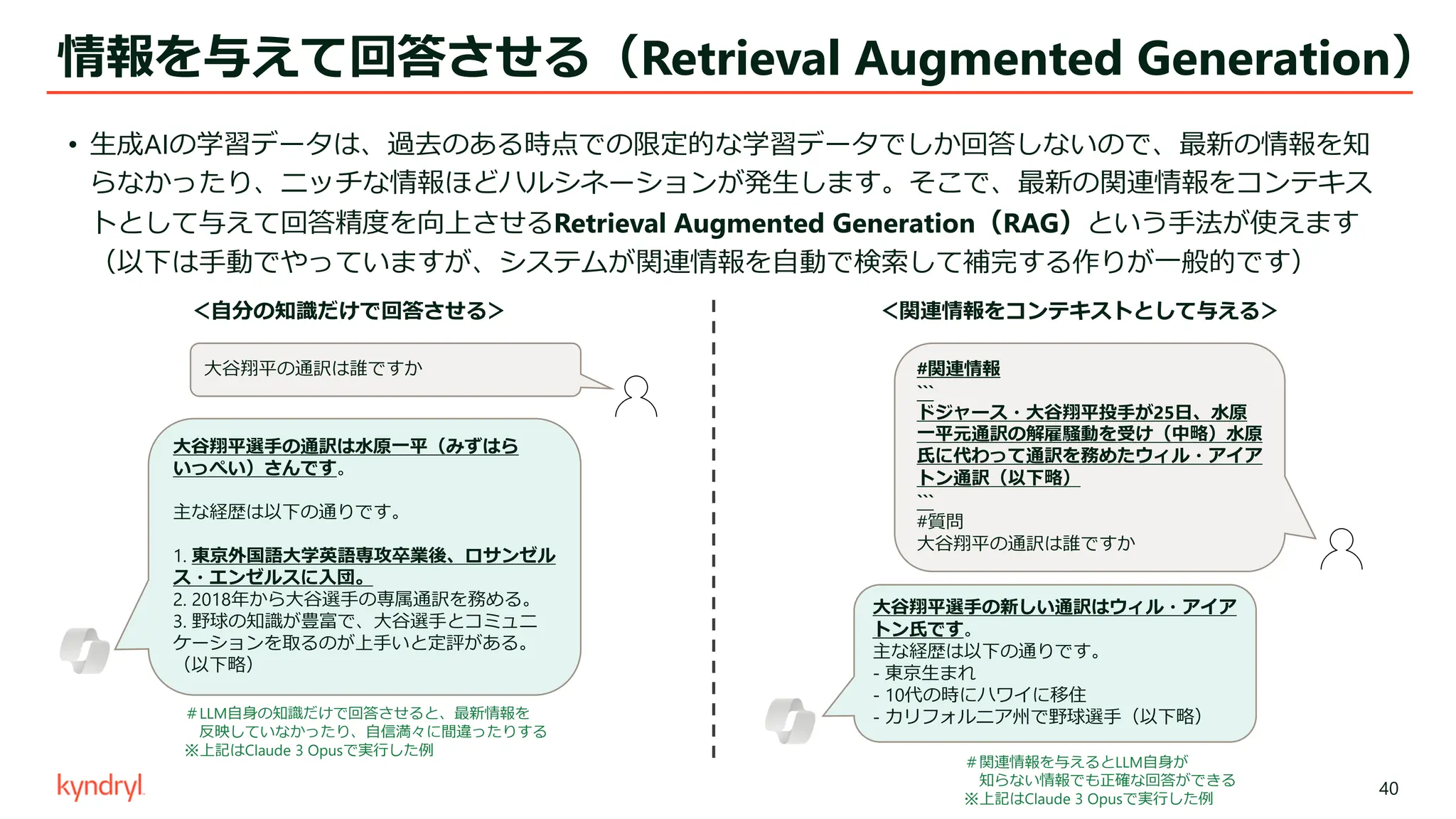 情報を与えて回答させる（Retrieval Augmented Generation）
40
• 生成AIの学習データは、過去のある時点での限定的な学習データでしか回答しないので、最新の情報を知
らなかったり、ニッチな情報ほどハルシネーションが発生します。そこで、最新の関連情報をコンテキス
トとして与えて回答精度を向上させるRetrieval Augmented Generation（RAG）という手法が使えます
（以下は手動でやっていますが、システムが関連情報を自動で検索して補完する作りが一般的です）
大谷翔平の通訳は誰ですか
大谷翔平選手の通訳は水原一平（みずはら
いっぺい）さんです。
主な経歴は以下の通りです。
1. 東京外国語大学英語専攻卒業後、ロサンゼル
ス・エンゼルスに入団。
2. 2018年から大谷選手の専属通訳を務める。
3. 野球の知識が豊富で、大谷選手とコミュニ
ケーションを取るのが上手いと定評がある。
（以下略）
#関連情報
```
ドジャース・大谷翔平投手が25日、水原
一平元通訳の解雇騒動を受け（中略）水原
氏に代わって通訳を務めたウィル・アイア
トン通訳（以下略）
```
#質問
大谷翔平の通訳は誰ですか
大谷翔平選手の新しい通訳はウィル・アイア
トン氏です。
主な経歴は以下の通りです。
- 東京生まれ
- 10代の時にハワイに移住
- カリフォルニア州で野球選手（以下略）
＜自分の知識だけで回答させる＞ ＜関連情報をコンテキストとして与える＞
＃関連情報を与えるとLLM自身が
知らない情報でも正確な回答ができる
※上記はClaude 3 Opusで実行した例
＃LLM自身の知識だけで回答させると、最新情報を
反映していなかったり、自信満々に間違ったりする
※上記はClaude 3 Opusで実行した例
 
