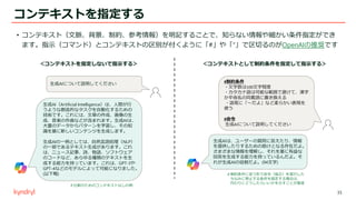 コンテキストを指定する
35
• コンテキスト（文脈、背景、制約、参考情報）を明記することで、知らない情報や細かい条件指定ができ
ます。指示（コマンド）とコンテキストの区別が付くように「#」や「“」で区切るのがOpenAIの推奨です
生成AIについて説明してください
生成AI（Artificial Intelligence）は、人間が行
うような創造的なタスクを自動化するための
技術です。これには、文章の作成、画像の生
成、音楽の作曲などが含まれます。生成AIは、
大量のデータからパターンを学習し、その知
識を基に新しいコンテンツを生成します。
生成AIの一例としては、自然言語処理（NLP）
の一部であるテキスト生成があります。これ
は、ニュース記事、詩、物語、ソフトウェア
のコードなど、あらゆる種類のテキストを生
成する能力を持っています。これは、GPT-3や
GPT-4などのモデルによって可能になりました。
(以下略)
#制約条件
・文字数は100文字程度
・カタカナ語は可能な範囲で避けて、漢字
か平仮名の同義語に置き換える
・語尾に「～だよ」など柔らかい表現を
使う
#命令
生成AIについて説明してください
生成AIは、ユーザーの質問に答えたり、情報
を提供したりするための助けとなる存在だよ。
さまざまな情報を理解し、それを基に有益な
回答を生成する能力を持っているんだよ。そ
れが生成AIの役割だよ。(94文字)
＜コンテキストを指定しないで指示する＞ ＜コンテキストとして制約条件を指定して指示する＞
＃比較のためのコンテキストなしの例
＃制約条件に従う形で命令（指示）を実行した
ちなみに禁止する条件を指定する場合は、
代わりにどうしたらいいかを示すことが推奨
 