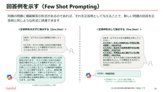 回答例を示す（Few Shot Prompting）
36
同類の問題に模範解答の形式があるのであれば、それを正答例として与えることで、新しい問題の回答を正
答例と同じような形式に誘導できます
#命令：以下の入力文の感情を分析してく
ださい
#入力文：もう十分後にはあの丸善が美術
の棚を中心として大爆発をするのだったら
どんなにおもしろいだろう
この文章は、興奮や期待の感情を表している可
能性があります。“もう十分後にはあの丸善が
美術の棚を中心として大爆発をするのだったら
どんなにおもしろいだろう”という表現は、何
か新しいことが起こることへの期待感や興奮を
示していると解釈できます。しかし、感情の解
釈は主観的であり、文脈によりますので、これ
は一つの解釈に過ぎません。他の文脈では、こ
の文章が異なる感情を表現している可能性もあ
ります。(以下略)
#命令：以下の入力文の感情を分析してく
ださい
#入力文1：えたいの知れない不吉な(略)
#回答1：NEGATIVE
#入力文2：私はもう往来を軽やかな(略)
#回答2：POSITIVE
#入力文3：平常あんなに避けていた(略)
#回答3：NEUTRAL
#入力文4：もう十分後にはあの丸善が美
術の棚を中心として大爆発をするのだっ
たらどんなにおもしろいだろう
#回答4：
#回答4：POSITIVE
＜正答例を示さずに指示する（Zero Shot）＞ ＜正答例を示して指示する（Few Shot）＞
＃比較のための正答例なしの例
＃正答例のパターンをその場で把握して、
そのパターンに合わせた形式で回答した
※上記分析対象は梶井基次郎の『檸檬』です
 