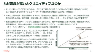 なぜ温度が高いとクリエイティブなのか
44
• まったく新しいアイデアというのは、「これまで組み合わせたことのないものを新たに組み合わせるこ
と」で生まれるものです（シュンペーターの『経済発展の理論』における「新結合」）
• 一人の人間の知識・経験は限られますので、組み合わせの選択肢に限界があります。新しい組み合わせを
見つけるためには、違う知識・経験を持っている他人とブレーンストーミングすることなどが重要です
• 最近の企業経営でダイバーシティが推進されているのは、既存の従業員とは違った知識・経験を持った人
間を採用して、新しい組み合わせが生まれる確率を上げること、が主要な理由の一つです
（チャールズ・オライリー『両利きの経営』における「知の探索」）
知の探索
（新しい知を見つける）
知の深化（知っていることを有効活用）
• 生成AIで温度を高くすると、試したことのない組み合わせに
なりやすくなります（＝クリエイティブ）。一方、答えが
決まっているものは温度が低い方（＝厳密）が最適です
• 生成AIは利用者の知らないような幅広い知識を学習している
ので、新しい知の発見につながります。アイデア出しなど
では「クリエイティブ」を使ってみるのも良いと思います
（思いがけない面白い発想が生まれるかもしれません）
知の探索と知の深化の両方の
バランスが重要（両利きの経営）
結果の安定性や効率性を重視しすぎると
知の深化に偏りイノベーションが起きない
（成功した大企業の「成功の罠」）
 