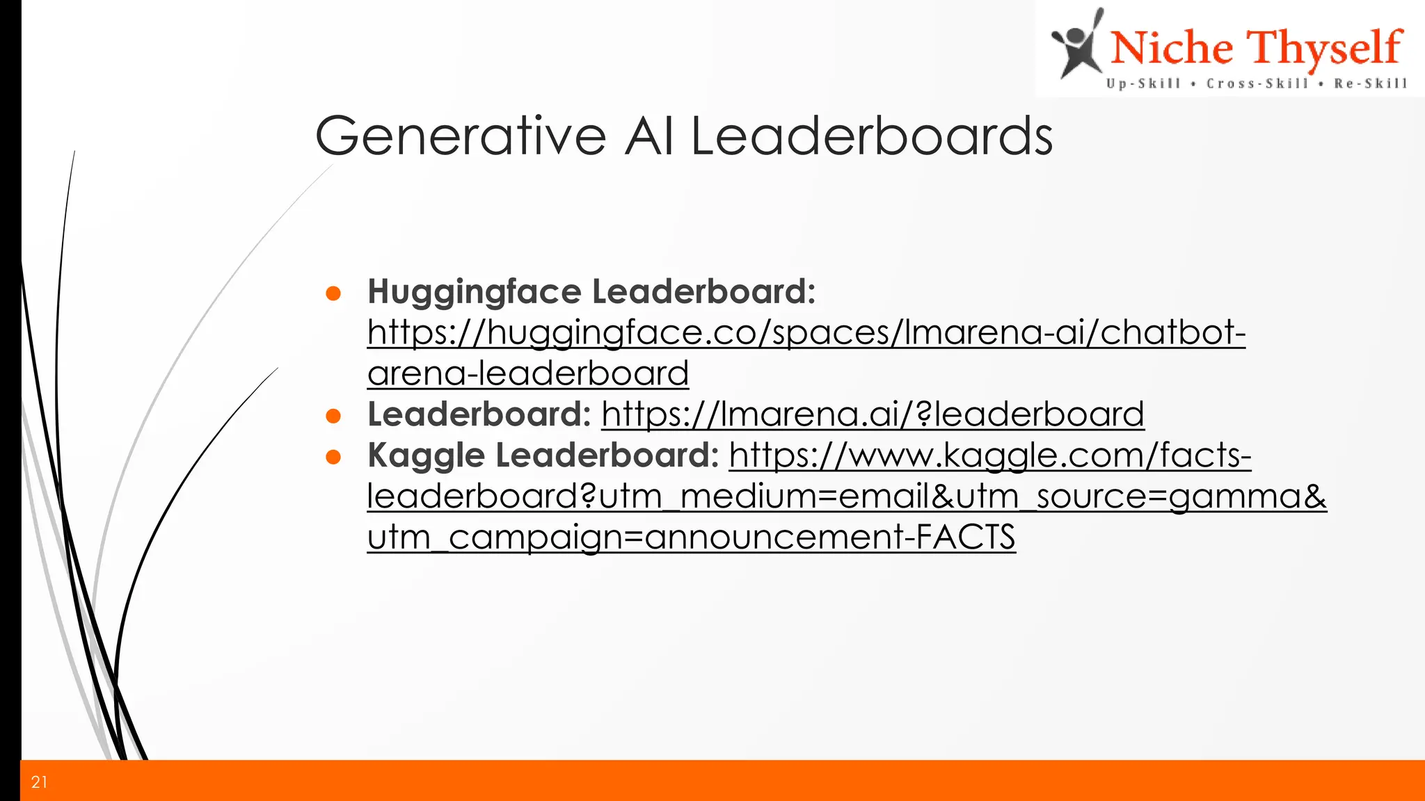 21
Generative AI Leaderboards
● Huggingface Leaderboard:
https://huggingface.co/spaces/lmarena-ai/chatbot-
arena-leaderboard
● Leaderboard: https://lmarena.ai/?leaderboard
● Kaggle Leaderboard: https://www.kaggle.com/facts-
leaderboard?utm_medium=email&utm_source=gamma&
utm_campaign=announcement-FACTS
 