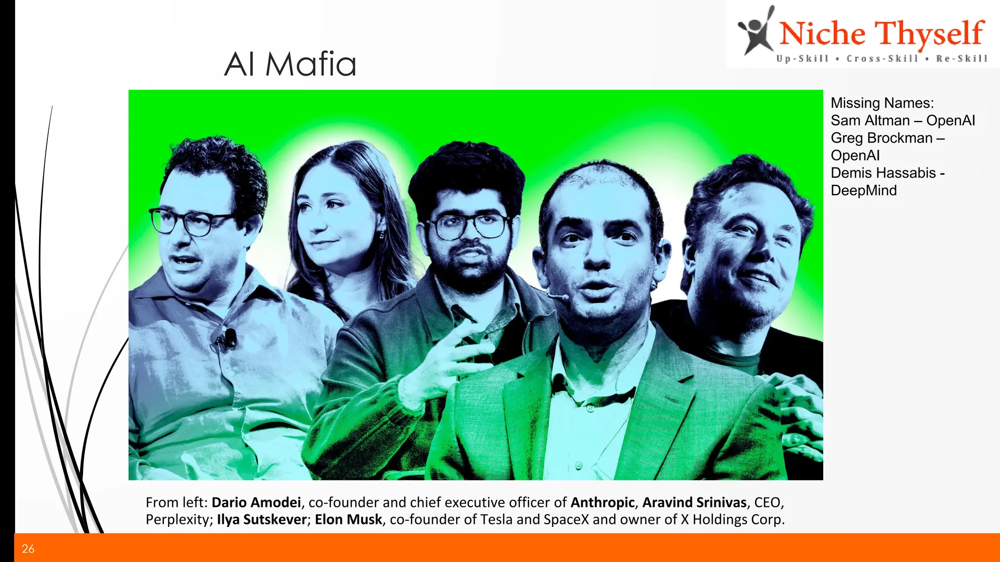 26
AI Mafia
From left: Dario Amodei, co-founder and chief executive officer of Anthropic, Aravind Srinivas, CEO,
Perplexity; Ilya Sutskever; Elon Musk, co-founder of Tesla and SpaceX and owner of X Holdings Corp.
Missing Names:
Sam Altman – OpenAI
Greg Brockman –
OpenAI
Demis Hassabis -
DeepMind
 