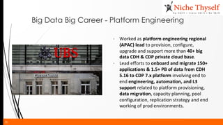 30
Big Data Big Career - Platform Engineering
∙ Worked as platform engineering regional
(APAC) lead to provision, configure,
upgrade and support more than 40+ big
data CDH & CDP private cloud base.
∙ Lead efforts to onboard and migrate 150+
applications & 1.5+ PB of data from CDH
5.16 to CDP 7.x platform involving end to
end engineering, automation, and L3
support related to platform provisioning,
data migration, capacity planning, pool
configuration, replication strategy and end
working of prod environments.
 