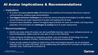 RESTRICTED DISTRIBUTION
15 © 2023 Gartner, Inc. and/or its affiliates. All rights reserved.
AI Avatar Implications & Recommendations
• Implications
➢ AI avatars leveraging text-to-video will enhance the creativity and humanize internal and customer
communications, enabling hyper personalization.
➢ Two biggest technical challenges are combining various emerging technologies to enable realistic,
human-centered and super responsive AI avatars and applying this at scale.
➢ Concerns about deepfakes, nascent but lagging legal protection for users and content, and responsible
application of AI principles are challenges to scaling future AI avatar deployments.
• Recommendations
➢ Identify use cases where AI avatars can add quantifiable business value to your software products, as
brand ambassadors, digital customer care reps or even in the metaverse.
➢ Further enhance VA offerings by integrating synthetic voice and emotion AI technology into voice
interfaces, like AI avatars in kiosks, virtual training or immersive environments.
➢ Create visually realistic AI avatars by determining which technological elements can be developed
internally, such as avatar CGI shells, and by collaborating with pertinent NLT providers for features like
synthetic voice, multimodal AI or emotion AI.
 