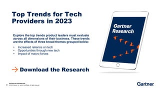 RESTRICTED DISTRIBUTION
31 © 2023 Gartner, Inc. and/or its affiliates. All rights reserved.
Top Trends for Tech
Providers in 2023
Explore the top trends product leaders must evaluate
across all dimensions of their business. These trends
are the effects of three broad themes grouped below:
Download the Research
• Increased reliance on tech
• Opportunities through new tech
• Impact of macro forces
 