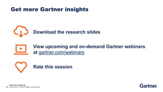 34 © 2023 Gartner, Inc. and/or its affiliates. All rights reserved.
RESTRICTED DISTRIBUTION
Get more Gartner insights
Download the research slides
View upcoming and on-demand Gartner webinars
at gartner.com/webinars
Rate this session
 