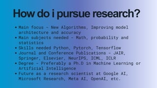 How do i pursue research?
Main focus - New Algorithms, Improving model
architecture and accuracy
Main subjects needed - Math, probability and
statistics
Skills needed Python, Pytorch, Tensorflow
Journal and Conference Publications - JAIR,
Springer, Elsevier, NeurIPS, ICML, ICLR
Degree - Preferably a Ph.D in Machine Learning or
Artificial Intelligence
Future as a research scientist at Google AI,
Microsoft Research, Meta AI, OpenAI, etc.
 